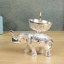 German Silver Antique Elephant Standing Deepak  (12 X 12 CM)